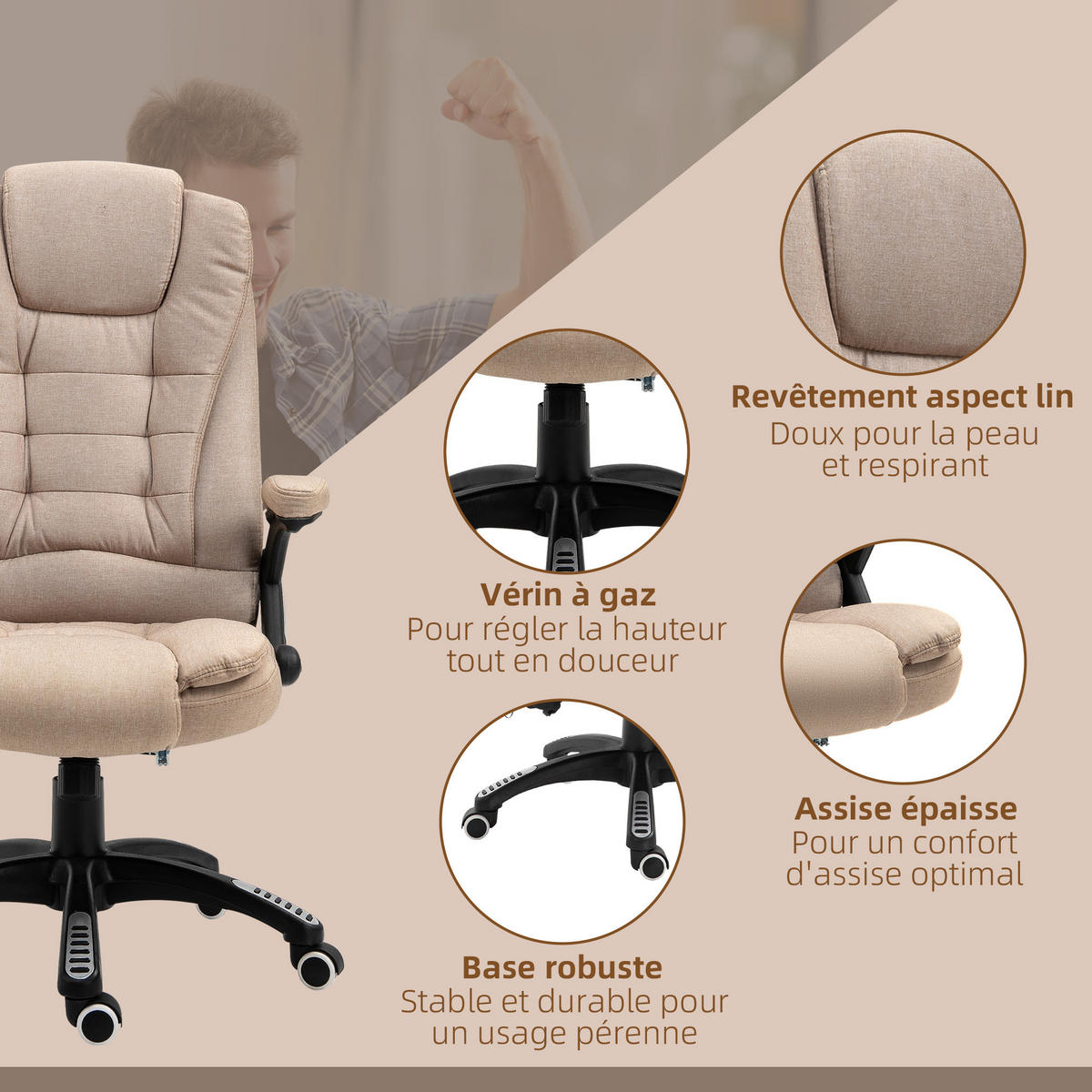 CHEFSESSEL DE-11661 mit Massage & Heizfunktion Beige - Beige, Textil (74/116/67cm) - ComfortXL