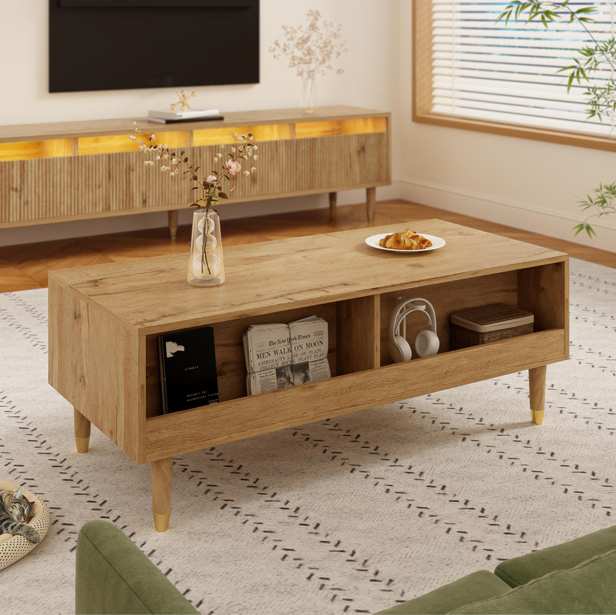 KONFERENČNÍ stolek 110/50/40 cm v dekoru dřeva z MDF se 2 zásuvkami a LED osvětlením - přírodní, kompozitní dřevo (110/50/40cm) - OKWISH