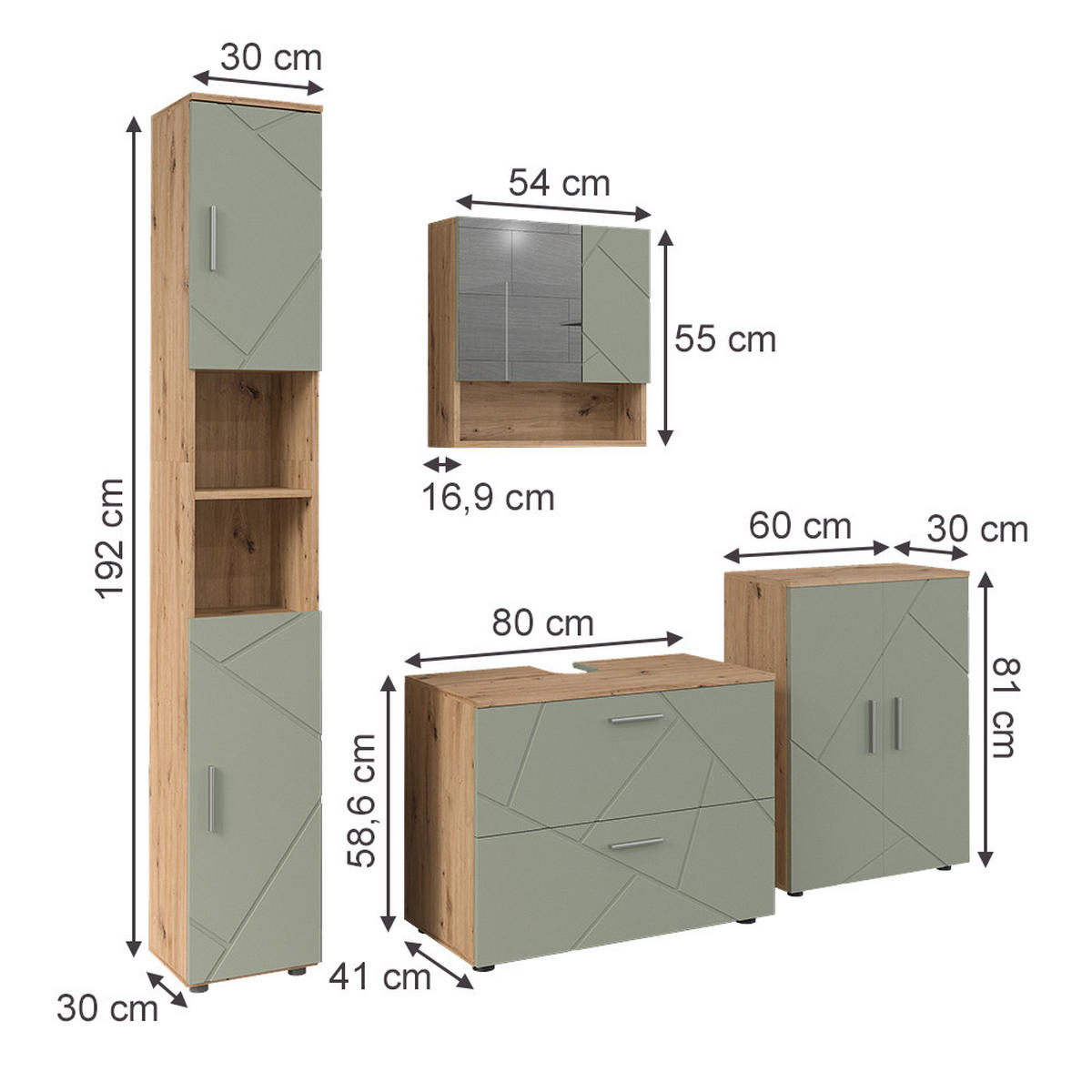 BADMÖBEL-SET Irma Salbeigrün 4 Teile - Salbeigrün, Holzwerkstoff (80/58.6/41cm) - Vicco