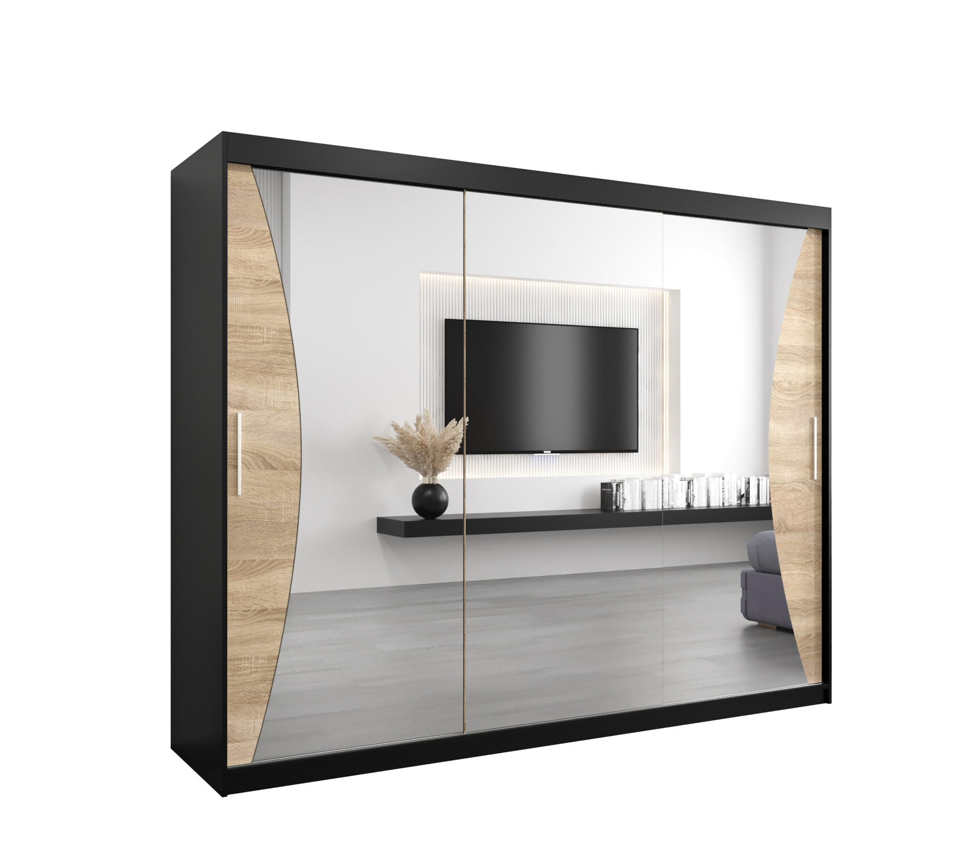 SCHWEBETÜRENSCHRANK 200/250/62 3-türig - Silberfarben/Schwarz, Holz/Kunststoff (250/200/62cm) - Abiks Möbel