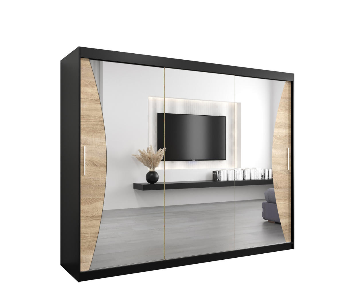 SCHWEBETÜRENSCHRANK 200/250/62 3-türig - Silberfarben/Schwarz, Holz/Kunststoff (250/200/62cm) - Abiks Möbel