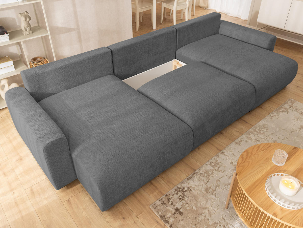 WOHNLANDSCHAFT Calma mit Schlaffunktion und Bettkasten im Bumpy-Design aus weichem Grau Chenille-Stoff - Schwarz/Grau, Holz/Kunststoff (336/88/140cm) - S-Style Möbel