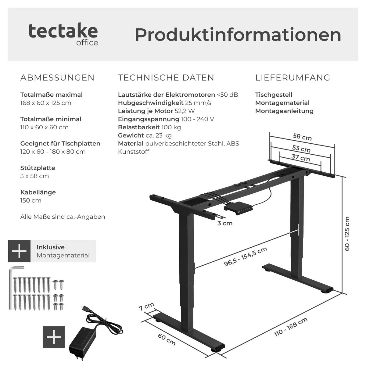 TISCHGESTELL Twain,110 - 168 x 60 x 60 - 125 cm,schwarz - Schwarz, Textil (60/168/125cm) - tectake