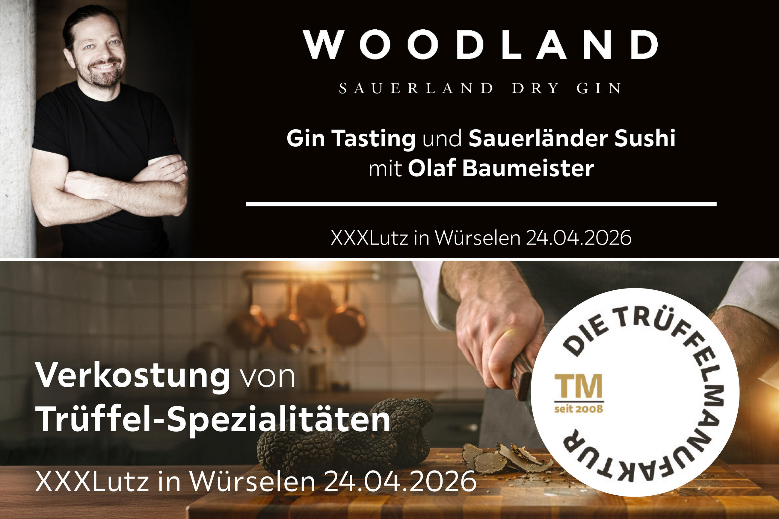 Woodland Sauerland Dry Gin, Gin Tasting und Sauerländer Sushi mit Olaf Baumeister. XXXLutz in Würselen 24.04.2026. Verkostung von Trüffel-Spezialitäten, Die Trüffelmanufraktur TM seit 2008
