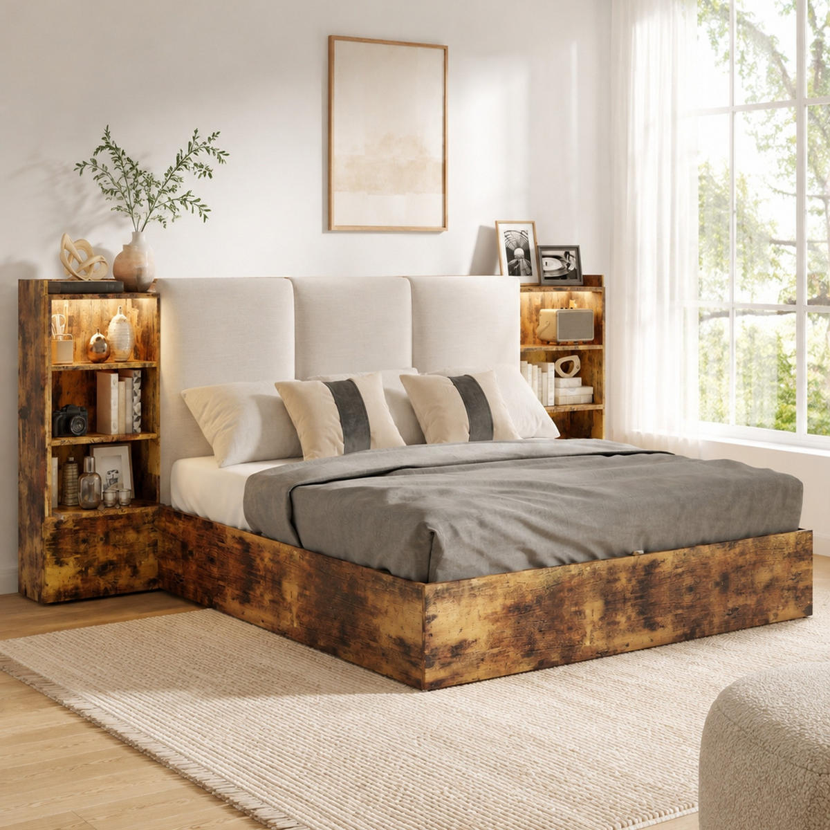 POLSTERBETT 180/200 mit Bettkasten, LED und 6 Staufächern in Braun - Braun, Holzwerkstoff/Textil (180/200cm) - EVRYAE