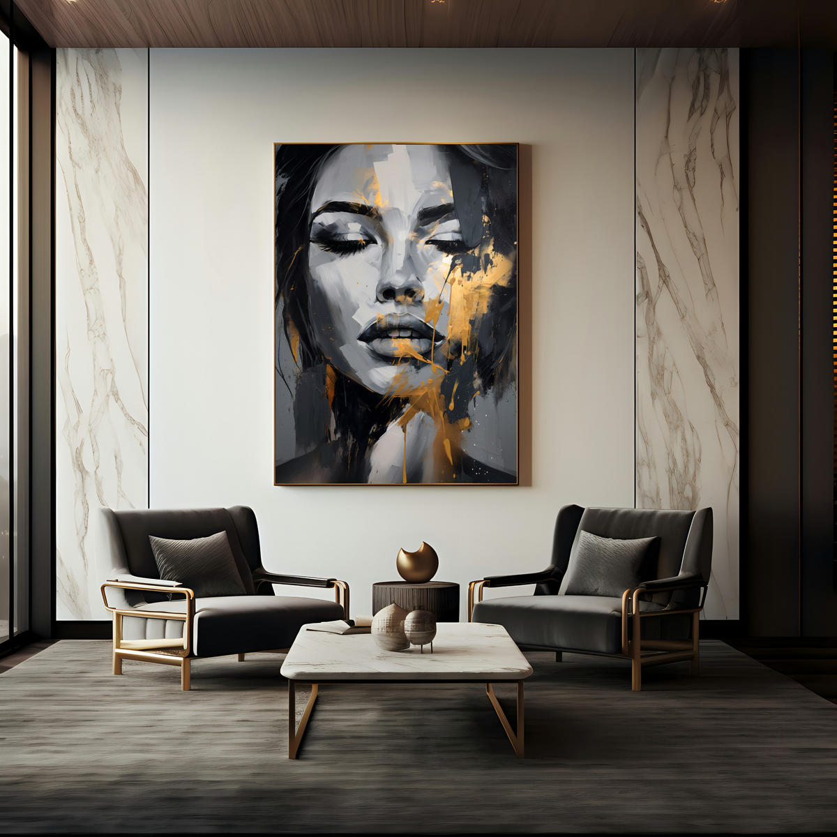 LEINWANDBILD Frau Porträt Abstraktion Glamour 50x70 - Beige/Schwarz, Textil (50/70cm) - Muralo