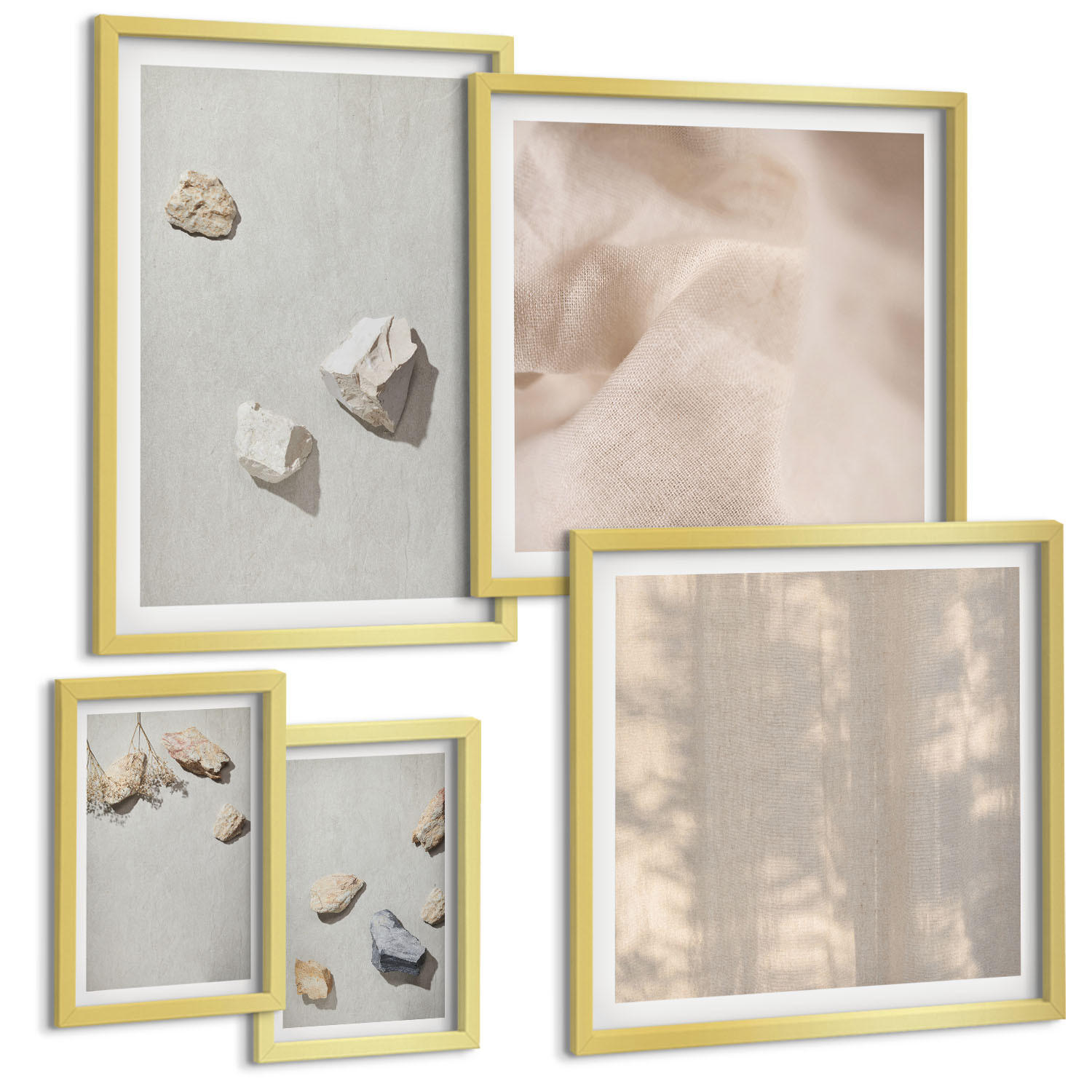 BILDER SET 5er Set - 50x50 cm & 20x30 cm & 40x60 cm Goldrahmen - Boho-Stranddekorationen aus Steinen - Goldfarben, Kunststoff (40/60cm) - TULUP