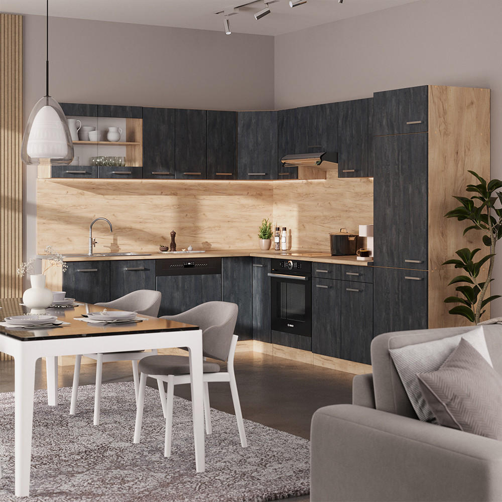 ECKKÜCHE R-Line Schwarz Beton/Goldkraft Eiche 227 x 287 cm AP Anthrazit - Eiche Wotan/Schwarz, Holzwerkstoff (287/81.6/60cm) - Vicco