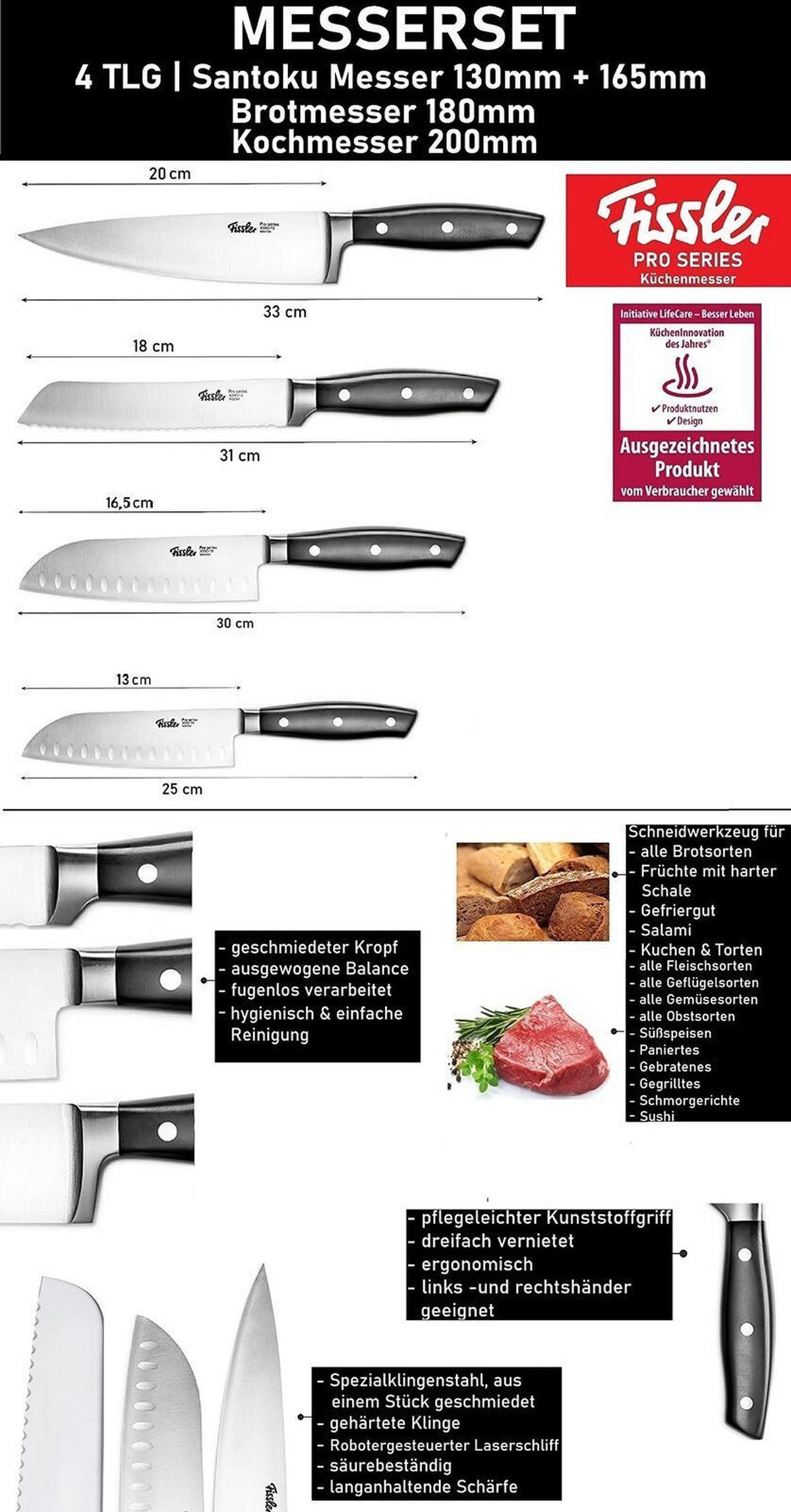 MESSERSET – Profi 4-teilig – Kochmesser 190 mm, Santokumesser 130 mm & 165 mm, Brotmesser 180 mm, Edelstahl, Rostfrei, Ergonomischer Griff - Schwarz, Metall - Fissler