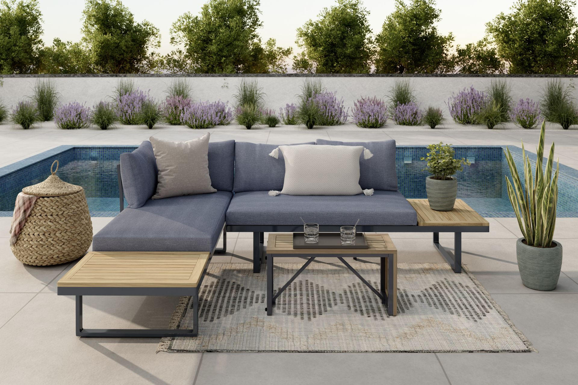 kert beach inspirációs kép, kerti garnitúra, fa, fém, szürke