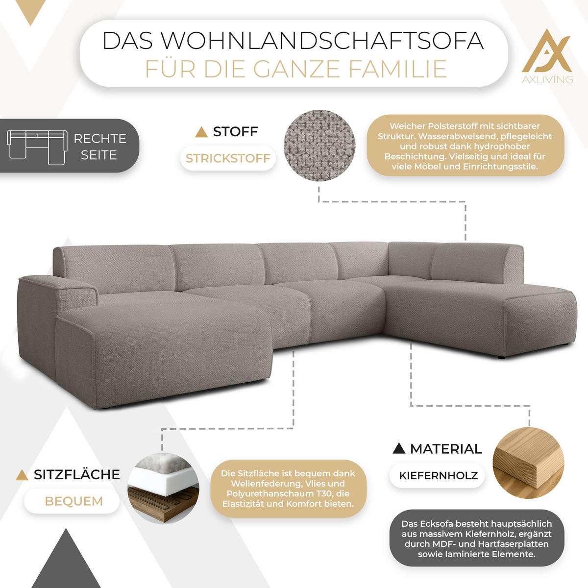 WOHNLANDSCHAFT Didim Beige 378/220/78 cm – großes Sofa stilvoll & bequem R - Beige/Schwarz, Kunststoff/Textil (378/78/220cm) - AX Living
