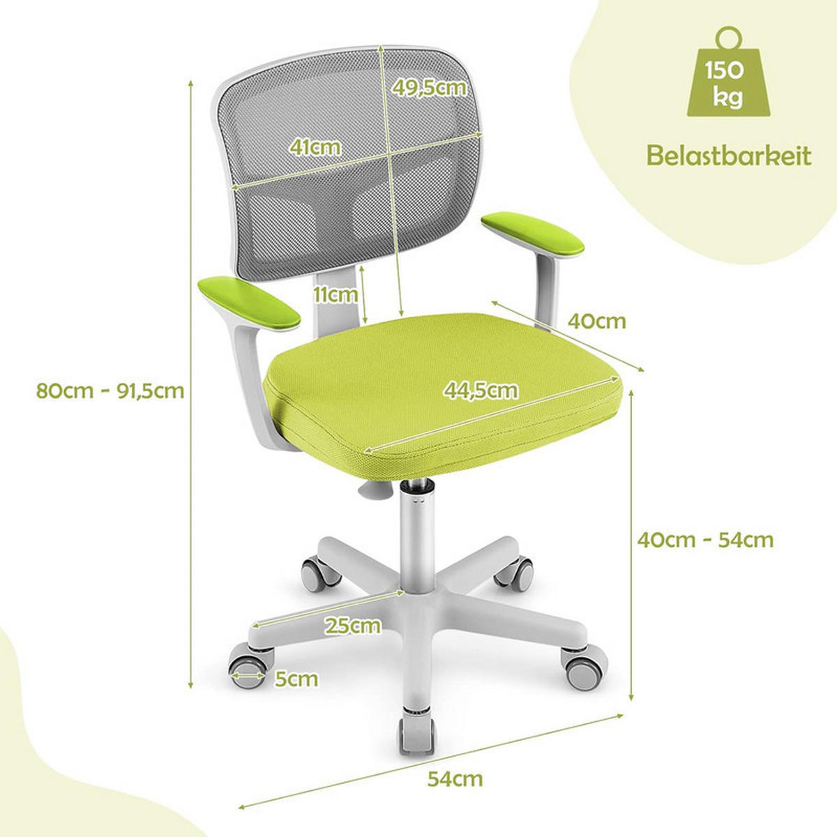 KINDER‑BÜROSTUHL 360°drehbar grün - Grün, Kunststoff (54/80/54cm) - COSTWAY