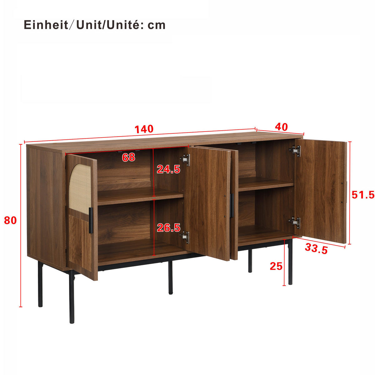 KOMMODE 140/80/40 cm Natur aus MDF mit 4 Türen - Naturfarben, Holzwerkstoff (40/80/140cm) - OKMYHOME