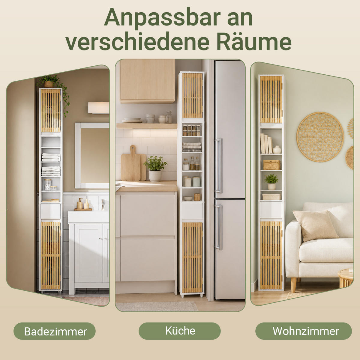 HOCHSCHRANK aus Holz, Schmal Weiß, 20x20x180cm, 20 cm breit, 6 Böden, für Bad & WC - Weiß/Naturfarben, Holzwerkstoff (20/180/20cm) - SoBuy