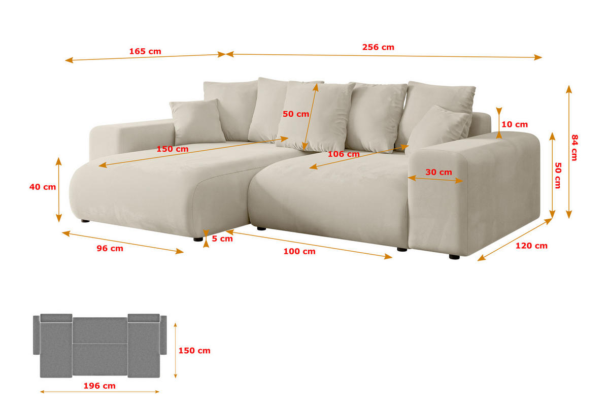 ECKSOFA mit Schlaffunktion und Bettkasten ESKAR-L 256x165x84cm Beige Velours - Beige/Schwarz, Holzwerkstoff/Kunststoff (165/256cm) - ALTDECOR