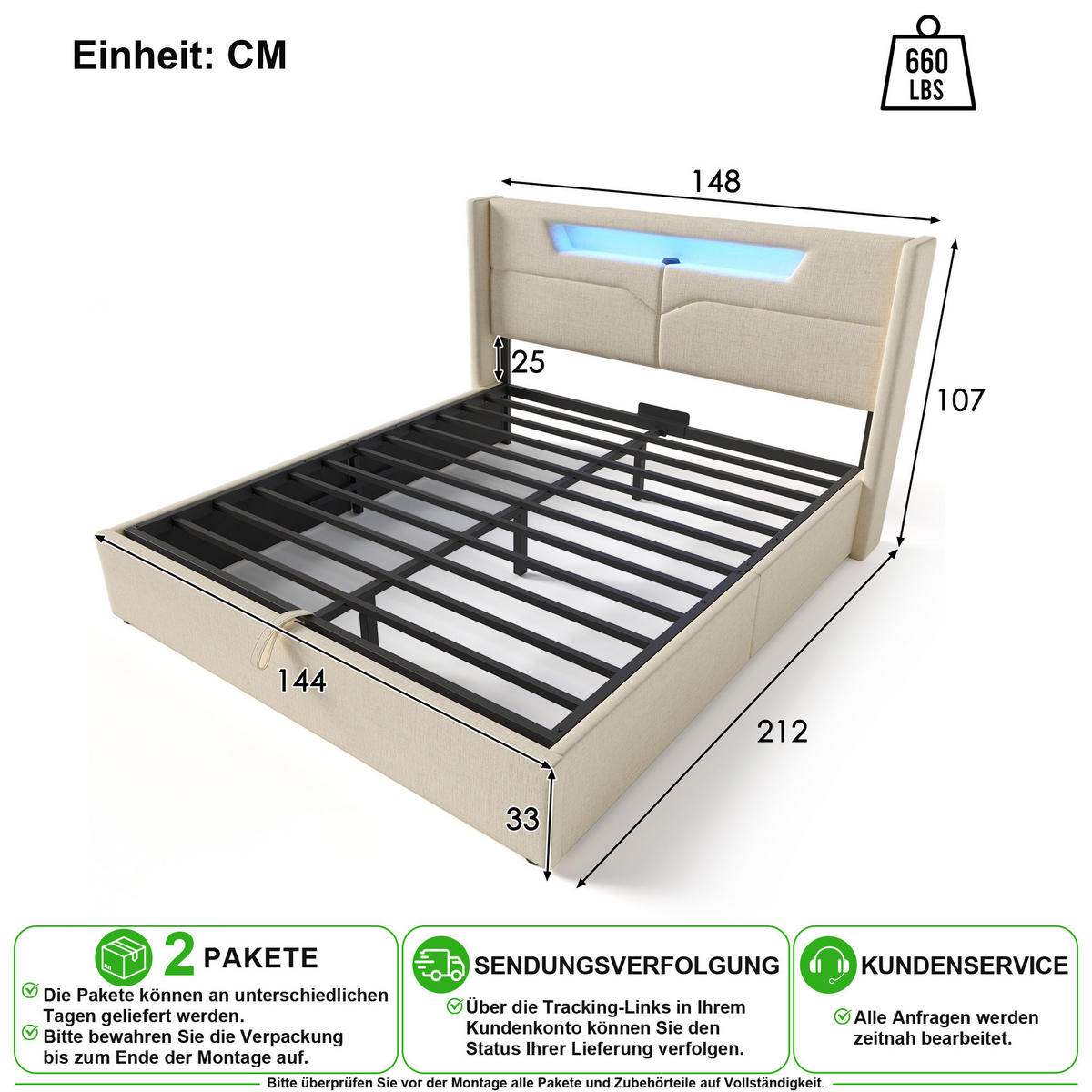 POLSTERBETT 140/200 cm in Beige Leinen mit Bettkasten, LED und USB/Type-C - Beige, Holzwerkstoff/Textil (140/200cm) - CHICFURN