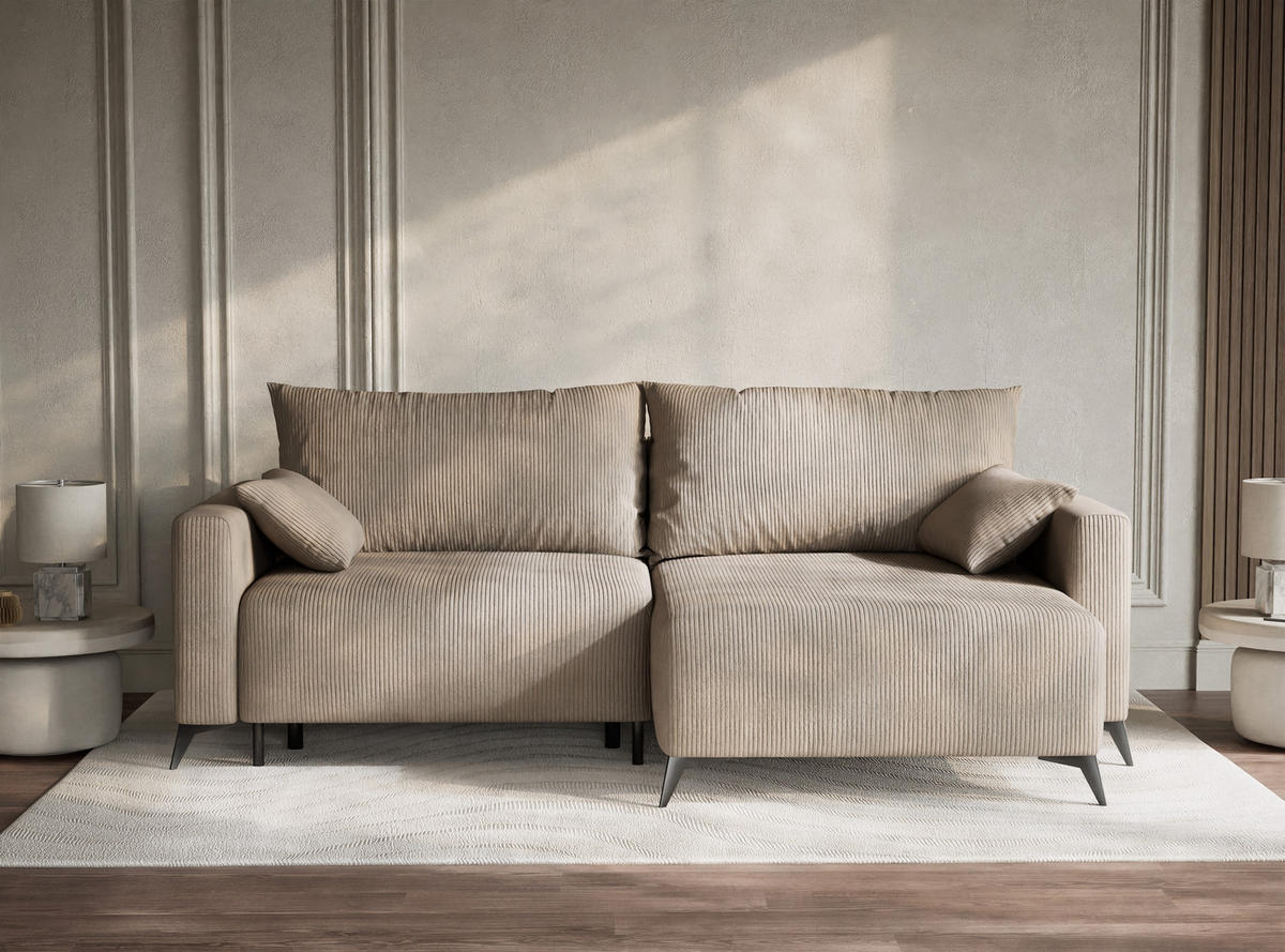 ECKSOFA MIT SCHLAFFUNKTION Leon Beige Samtstoff - Beige/Schwarz, Holz/Holzwerkstoff (239/148cm) - Maison de Reve