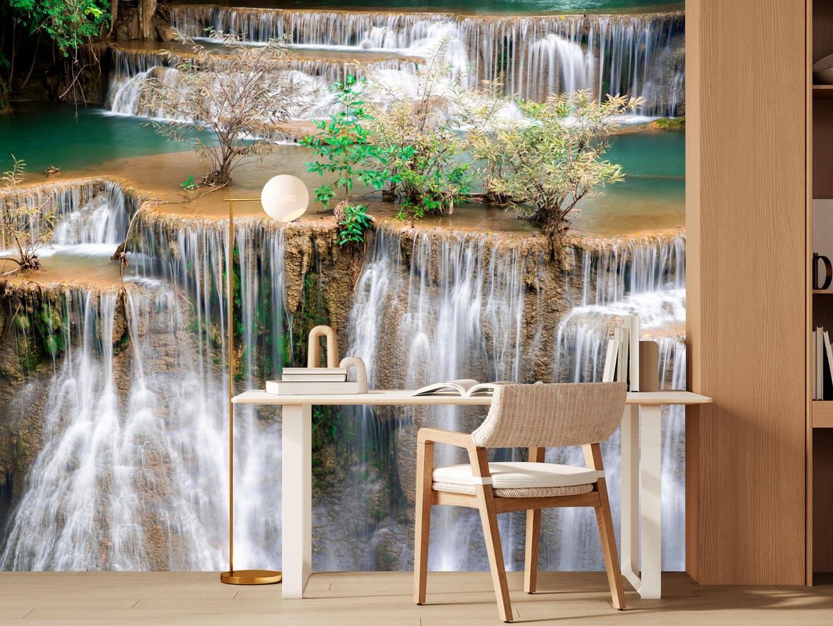 FOTOTAPETE für Wohnzimmer Wasserfall Panorama Pflanzen Natur 400x280 - Blau/Beige, Papier (400/280cm) - Muralo