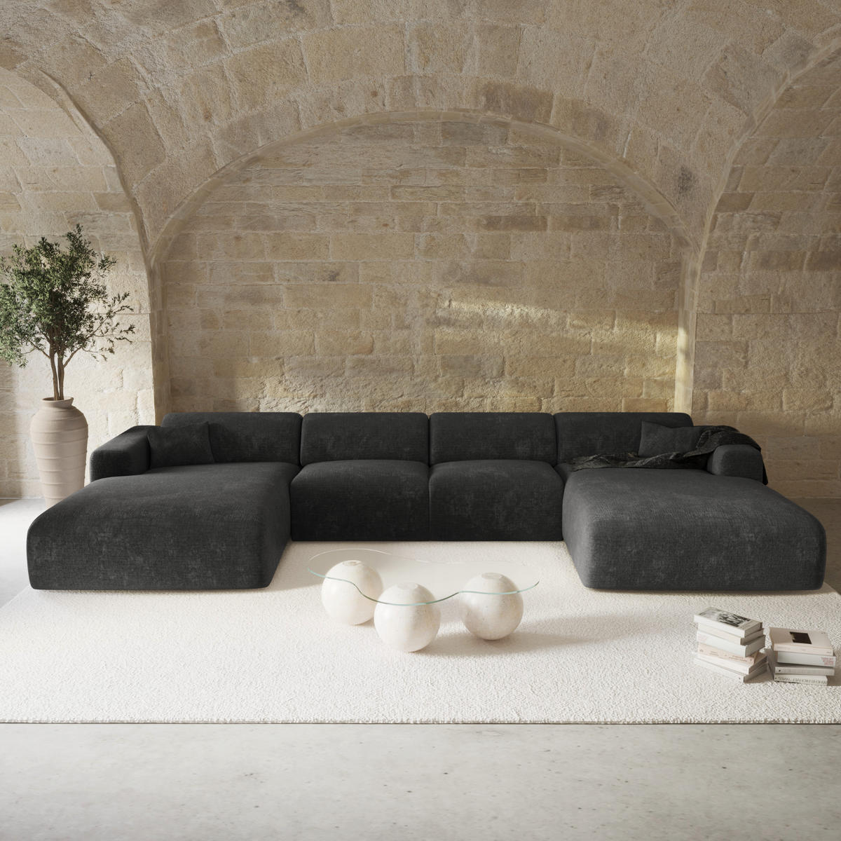 WOHNLANDSCHAFT Texturierter Samt Anthrazitgrau 356cm - Dunkelgrau/Anthrazit, Textil (356/73/166cm) - Sia Home