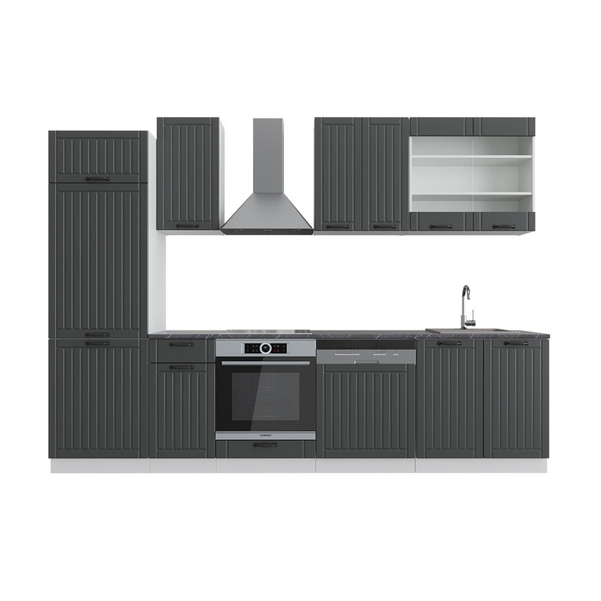 KÜCHENZEILE Fame-Line Anthrazit Landhaus/Weiß 300 cm, AP Anthrazit - Dunkelgrau/Weiß, Holzwerkstoff (300/81.6/60cm) - Vicco