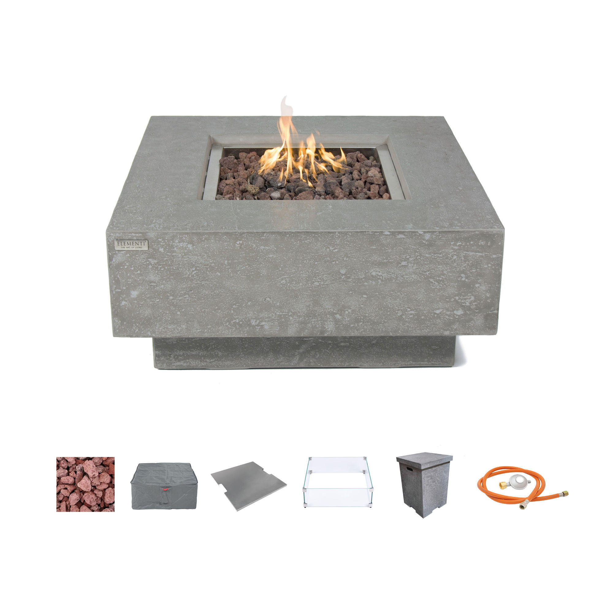 FEUERTISCH Manhattan Gasfeuerstelle aus GF-Beton - 4-tlg. Set inkl. Glasumrandung, Brennerabdeckung und Gasflaschen-Abdeckung - Hellgrau, Naturmaterialien (91/40/91cm) - Elementi