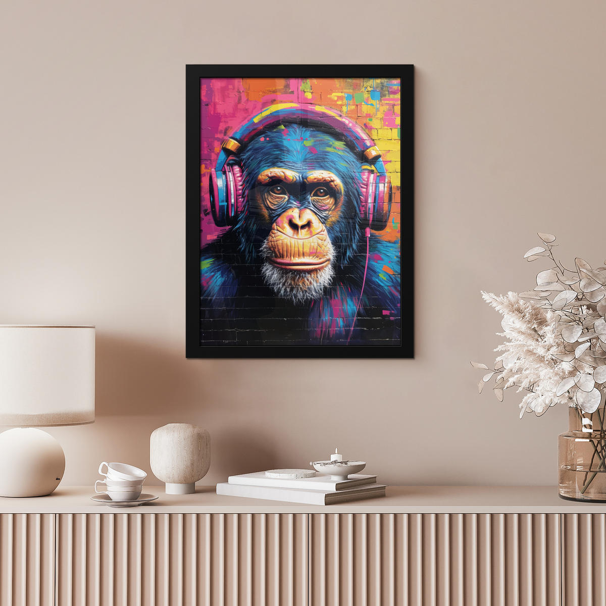 GERAHMTES BILD Graffiti - Schimpanse - Straßenkunst - Kopfhörer - Affe 30x40 cm - Blau, Papier (30/40cm) - MuchoWow