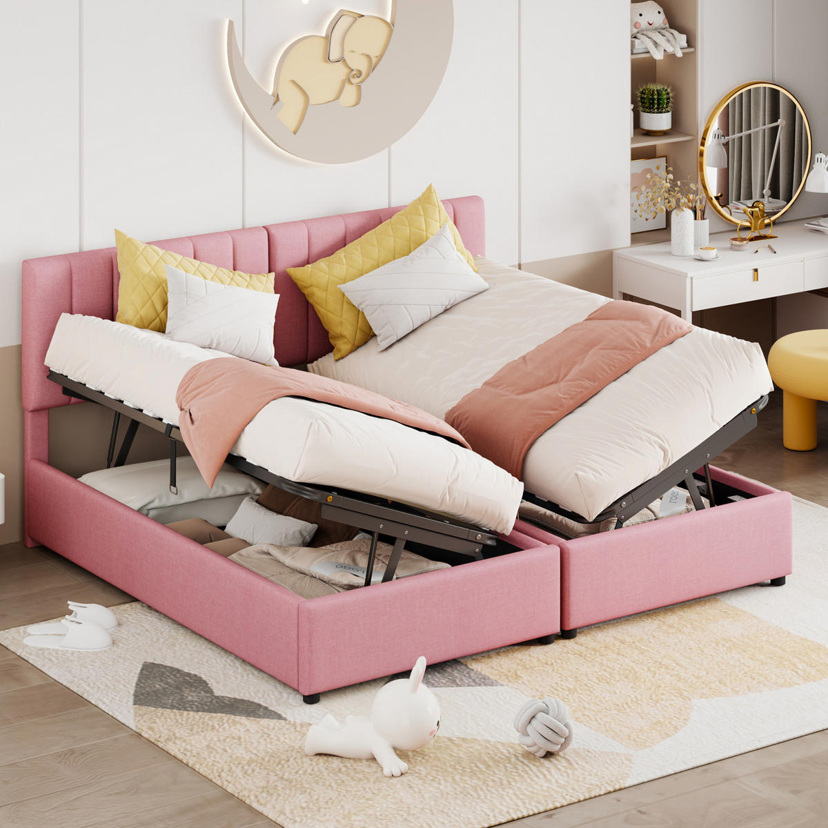 POLSTERBETT 180/200 cm Rosa mit Hydraulik, Stauraum und Lattenrost ohne Matratze - Pink, Textil (180/200cm) - MIVRAY