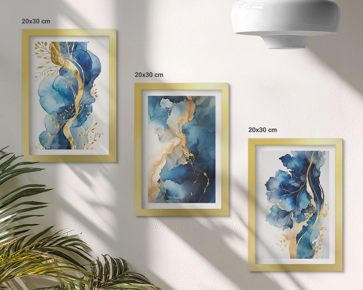 BILDER SET 3er Set - 20x30 cm Goldrahmen - Blaue abstrakte Muster - Goldfarben, Kunststoff (20/30cm) - TULUP