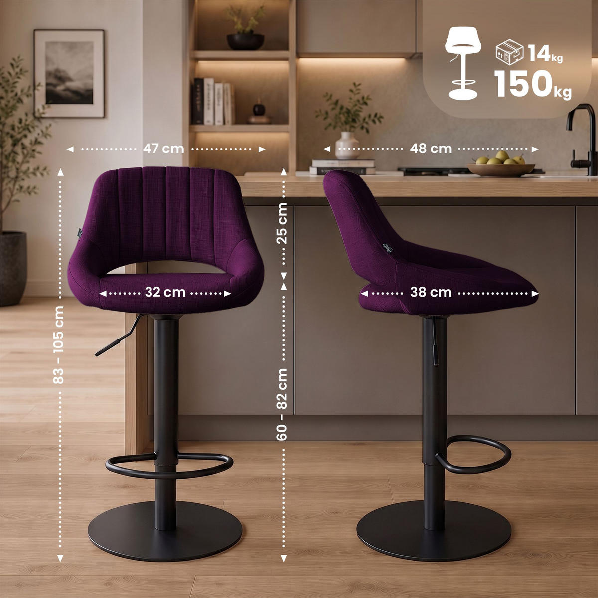 BARSTOL Milet, svart, med extra tung fot - Lila/Svart, Textil/Metall (47/83/48cm) - CLP