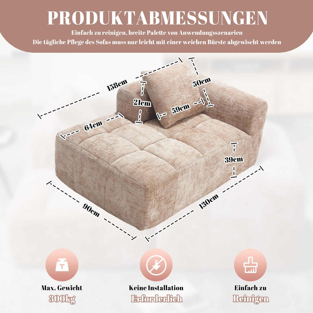 RÉCAMIERE Chenille Khaki mit Kissen und Stauraum - Hellbraun, Textil (158/60/90cm) - WISHDOR