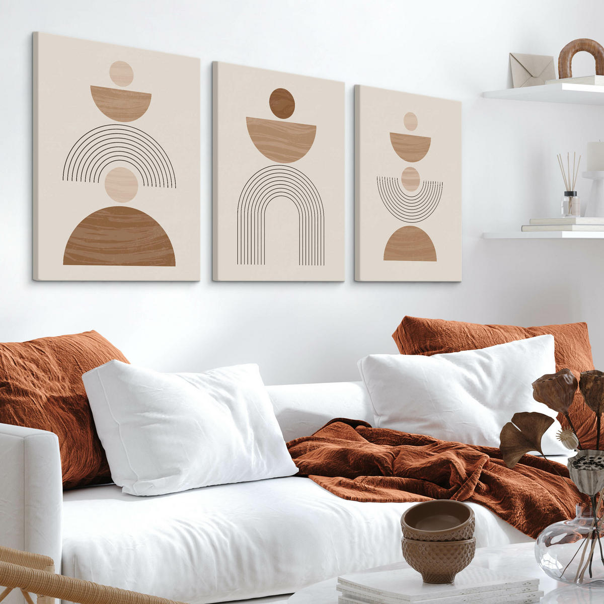 LEINWANDBILDER 3-er Set Geo-Muster Boho - Beige/Weiß, Textil (90/40cm) - Muralo