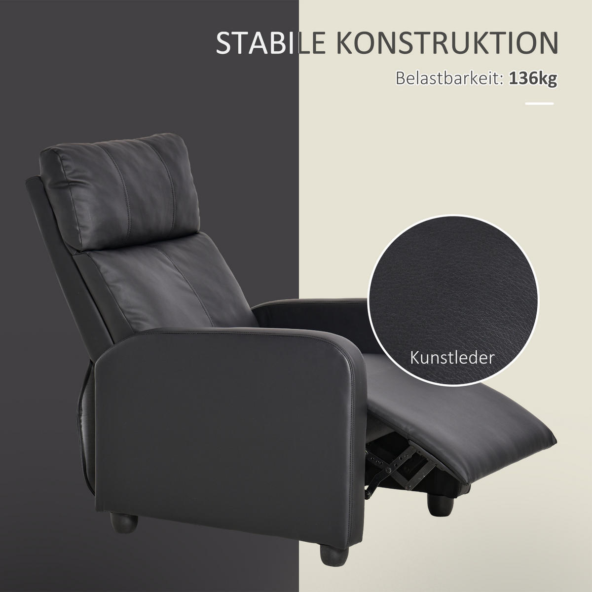 RELAXSESSEL Ruhesessel Sessel Fernsehsessel mit Liegefunktion Kunstleder 2 Farbe - Schwarz, Kunststoff (89.5/104.5/69.5cm) - HOMCOM
