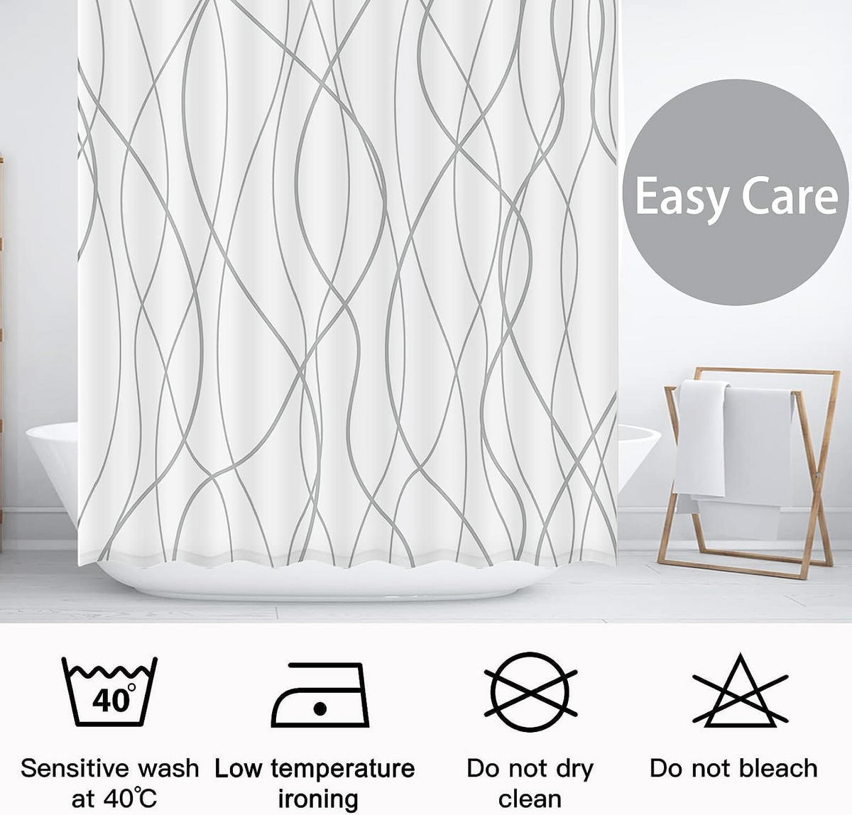 DUSCHVORHANG schimmelresistent Grau gestreift Stoff für Badewanne waschbar Badezimmer - Weiß, Textil (180/200cm) - MCBOSON