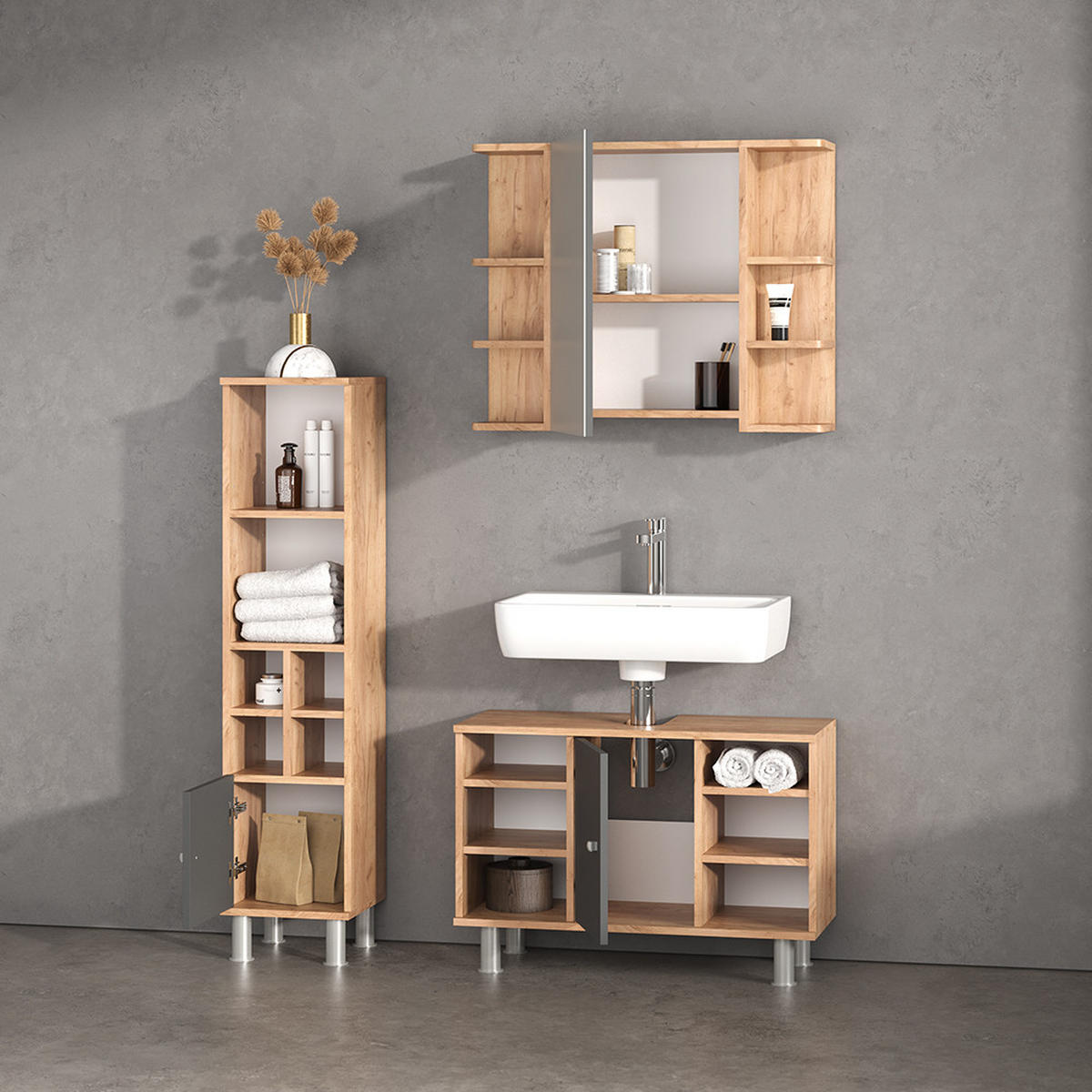 BADMÖBEL-SET Fucino Goldkraft Eiche 3 Teile, mit Midischrank Tür klein - Anthrazit/Eiche Wotan, Holzwerkstoff (80/130/32cm) - Livinity®