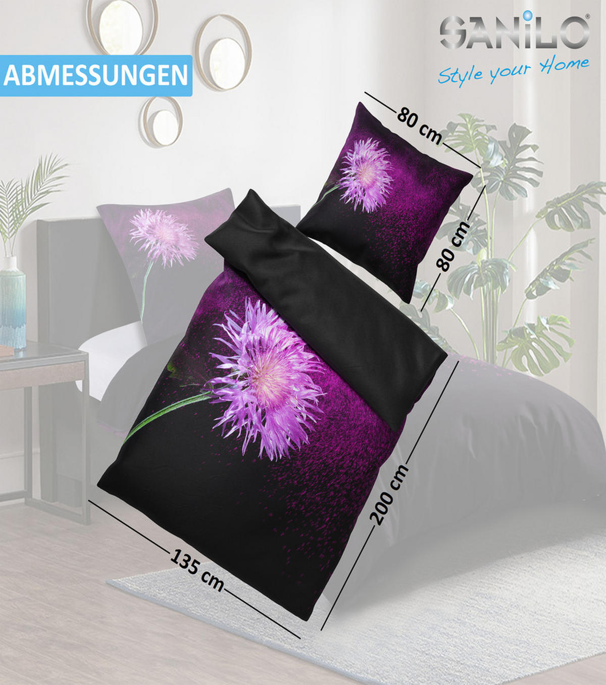 BETTWÄSCHE 2-teilig Purple Dust - Schwarz, Naturmaterialien (135/200cm) - Sanilo