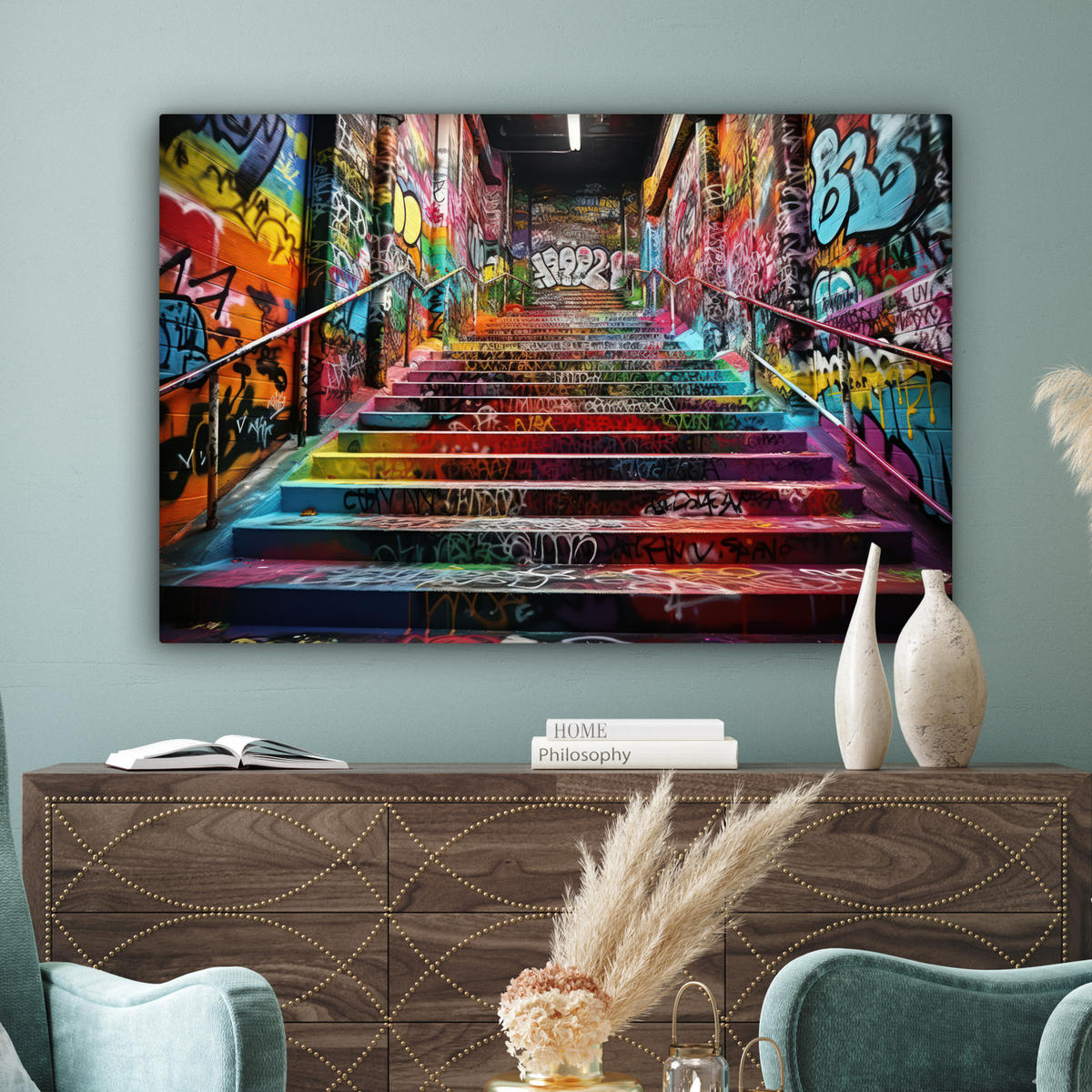 LEINWANDBILD Treppe - Graffiti - Farben - Kunst XXL 150x100 cm - Multicolor, Textil (150/100cm) - MuchoWow