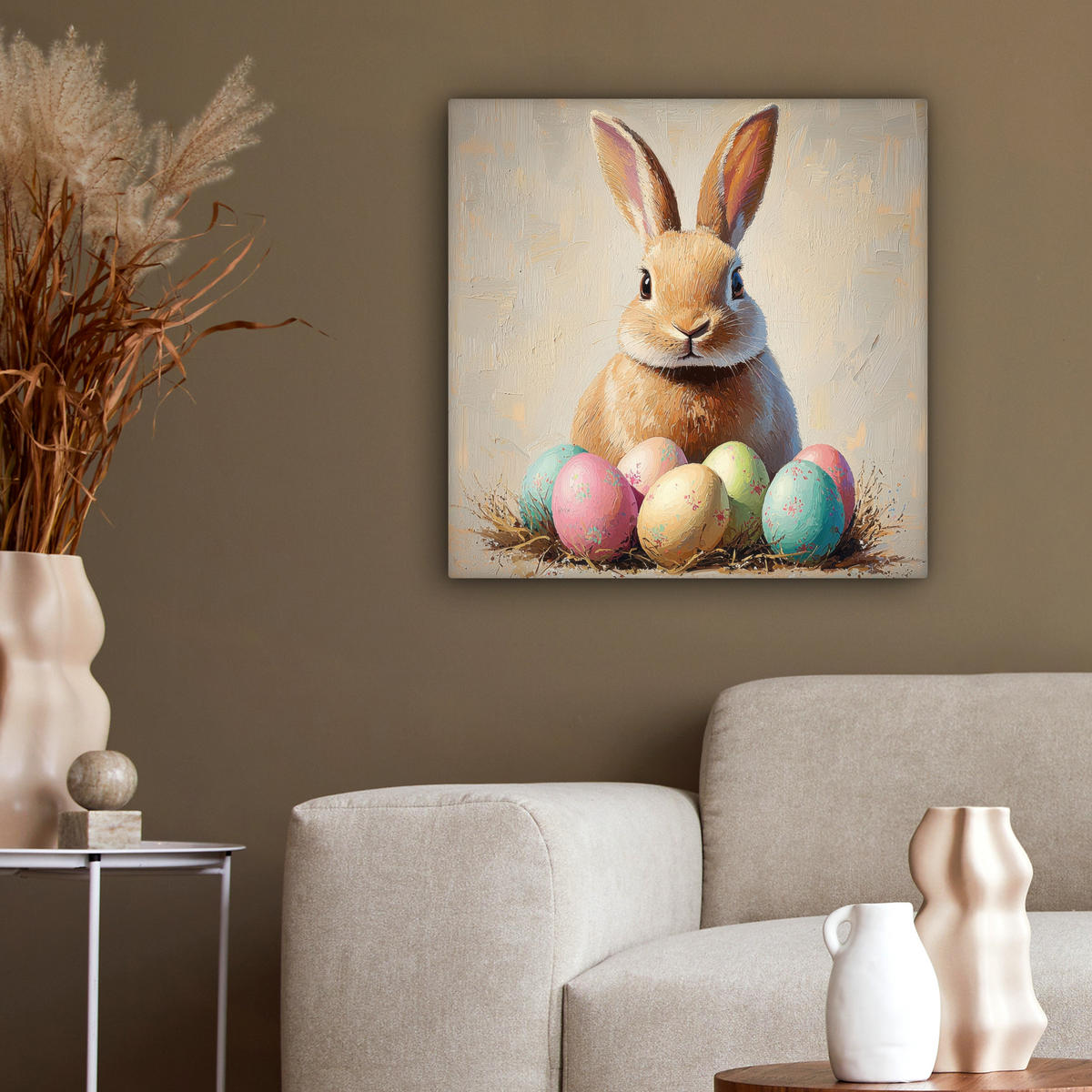 LEINWANDBILD Osterhase - Pastell - Eier Wandbild Wohnzimmer 50x50 cm - Beige, Textil (50/50cm) - MuchoWow