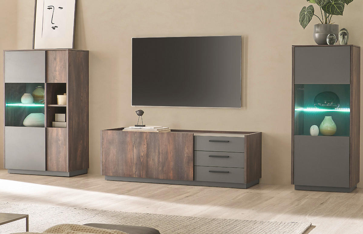 WOHNWAND Thermo Eiche, grau, Wohnkombination 3-teilig 327 cm mit Soft-Close - Eichefarben/Grau, Holzwerkstoff/Metall (327/130/45cm) - Furn.Design