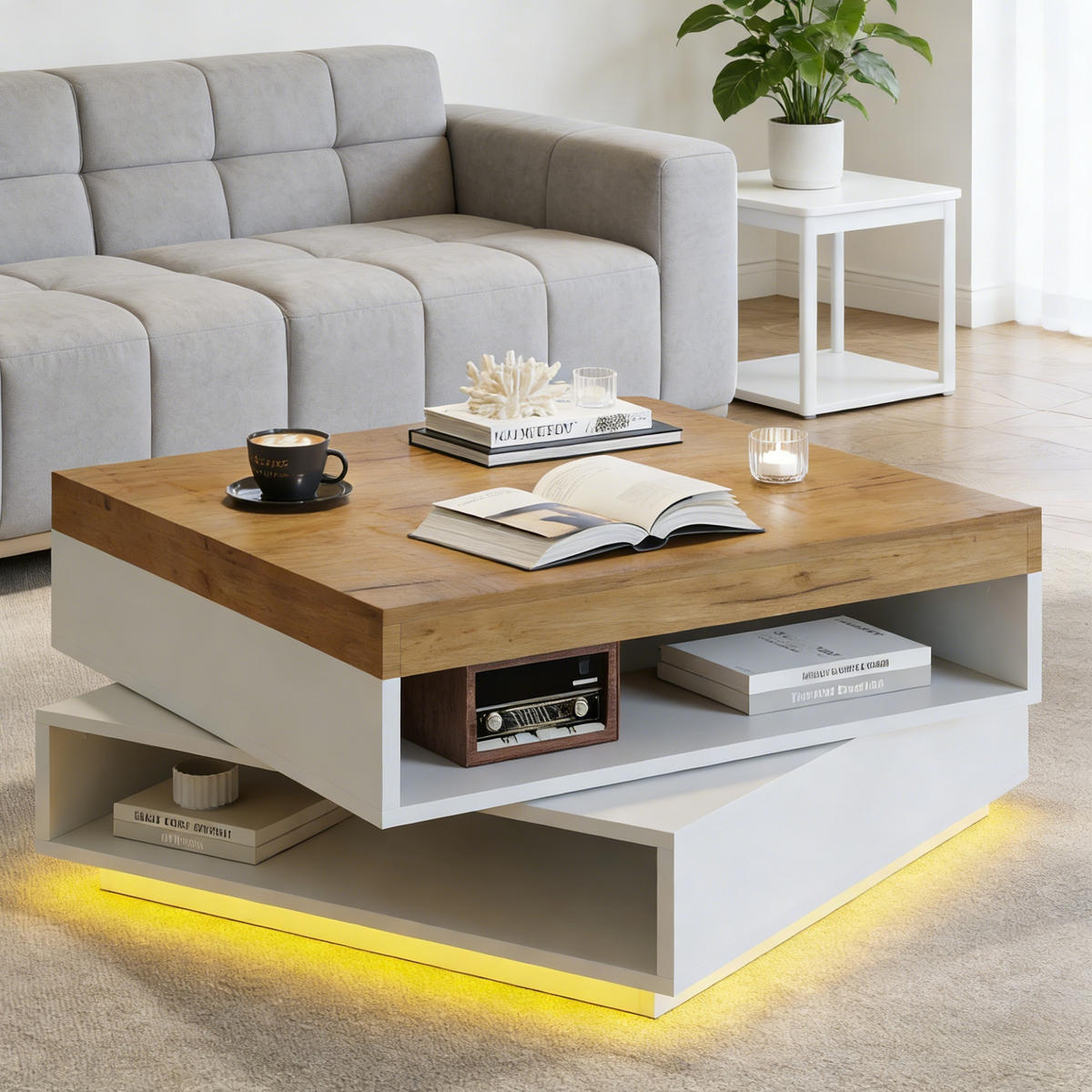COUCHTISCH aus MDF 65x65x40 cm in Eichefarben mit LED-Beleuchtung - Eichefarben, Holzwerkstoff (65/65/40cm) - Modfu