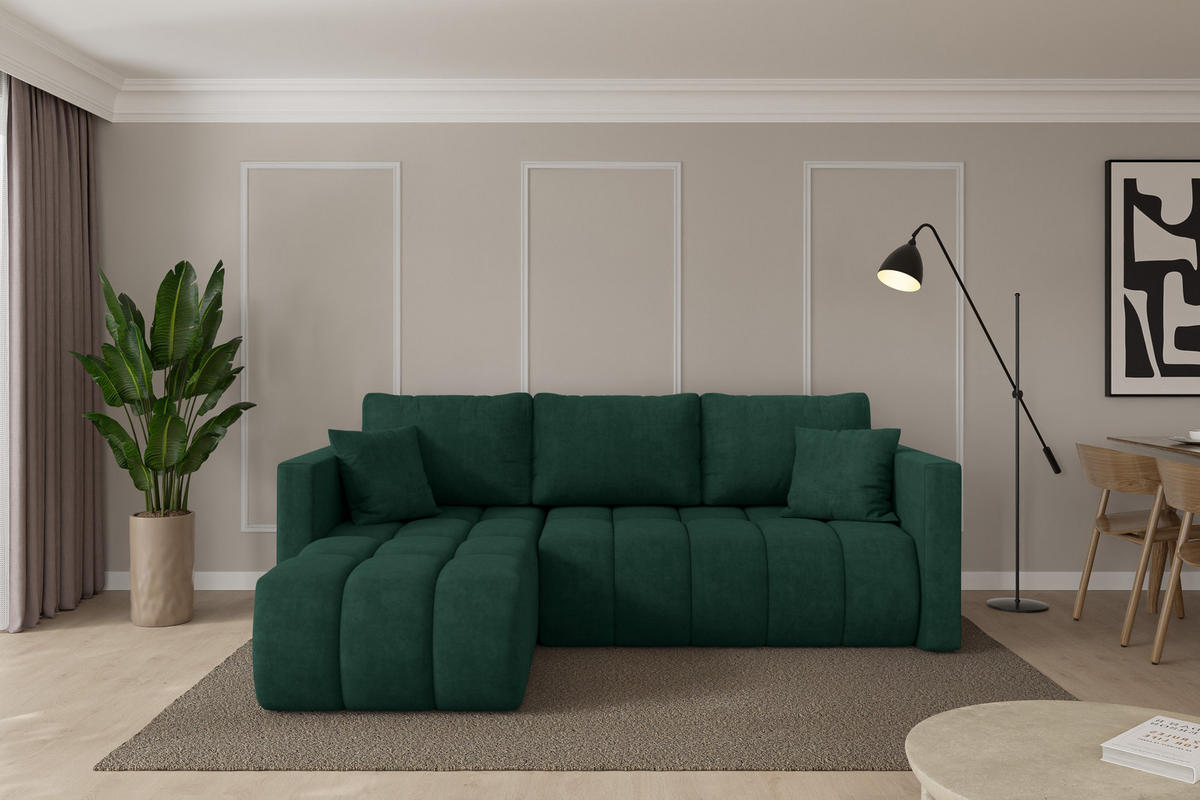 ROHOVÁ SEDAČKA s funkcí spaní, otoman vlevo GARD-L 226x146x85 zelená velur - černá/zelená barva, kompozitní dřevo/textil (226/146cm) - ALTDECOR