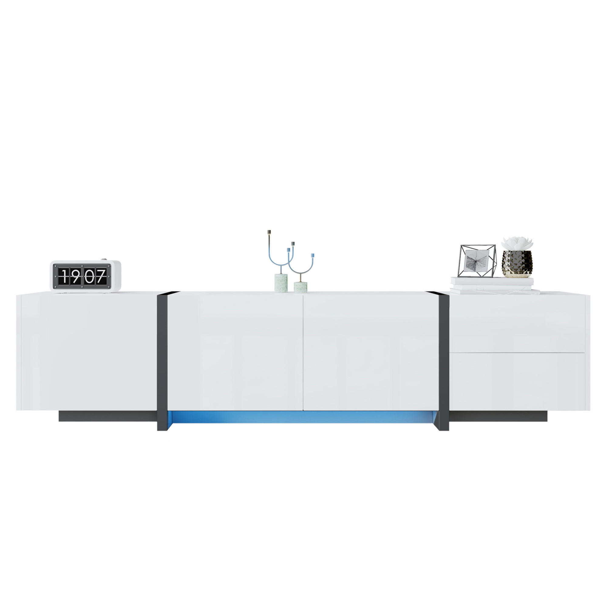 OKWISH TV stolek 170/30/39 cm bílá a černá z dřevotřísky s lesklým povrchem a úložným prostorem