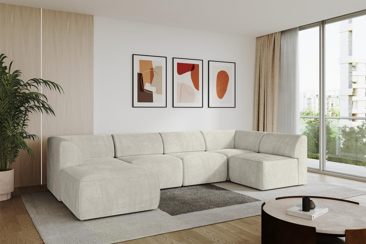 WOHNLANDSCHAFT Ottomane Links MOVA 345x180x78 Creme Cord - Creme/Schwarz, Holzwerkstoff/Kunststoff (180/78/345cm) - ALTDECOR