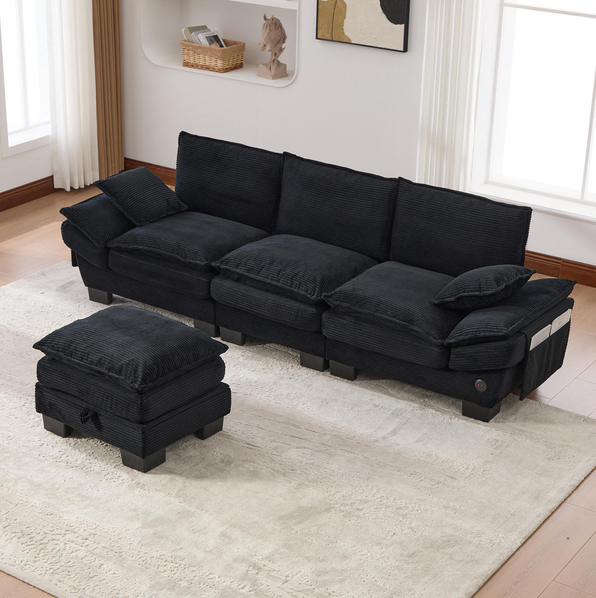 ECKSOFA 260/132/84 cm schwarz aus Cord mit Hocker und USB-C - Schwarz, Textil (132/260cm) - OKWISH