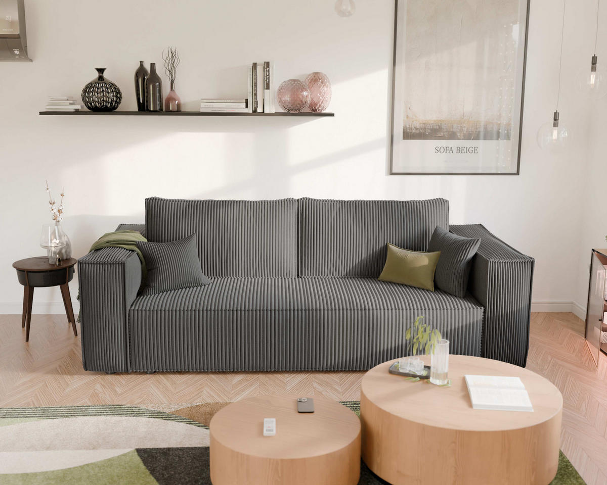 SOFA mit Schlaffunktion und Bettkasten, Dunkelgrau - Dunkelgrau/Grau, Holzwerkstoff/Textil (240/84/105cm) - Idohome