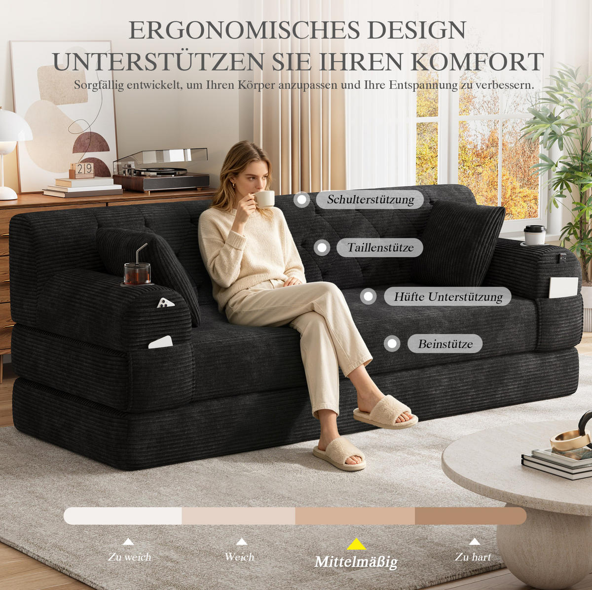 SCHLAFSOFA mit Schlaffunktion 208 x 80 cm Cord Schwarz - Schwarz, Textil (208/81/80cm) - IVMEU