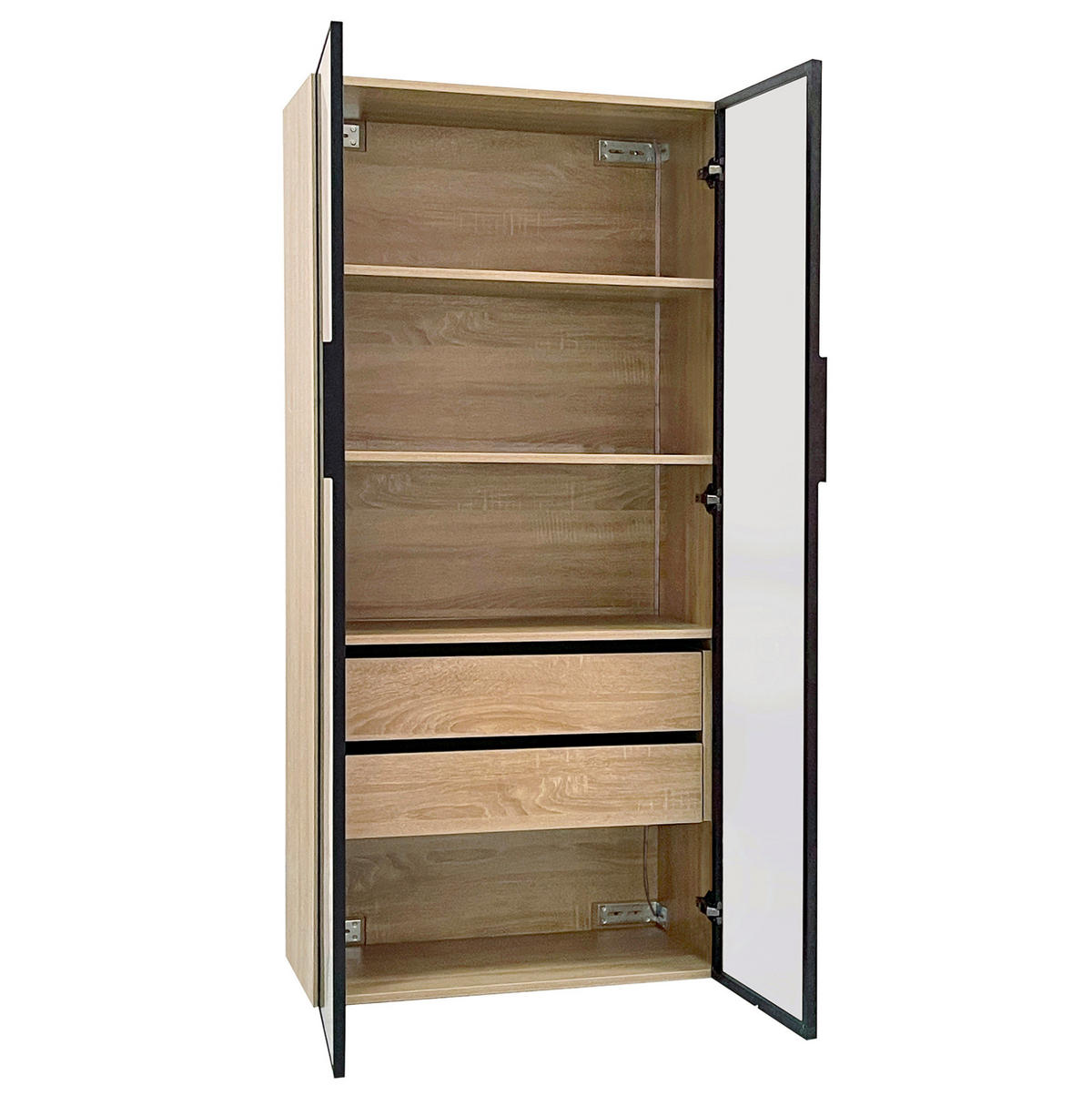 BADEZIMMERSCHRANK 74x36x155 cm Natural aus Spanplatte mit LED-Beleuchtung & Glasschranktüren - Naturfarben, Holzwerkstoff (74/155/36cm) - Modfu