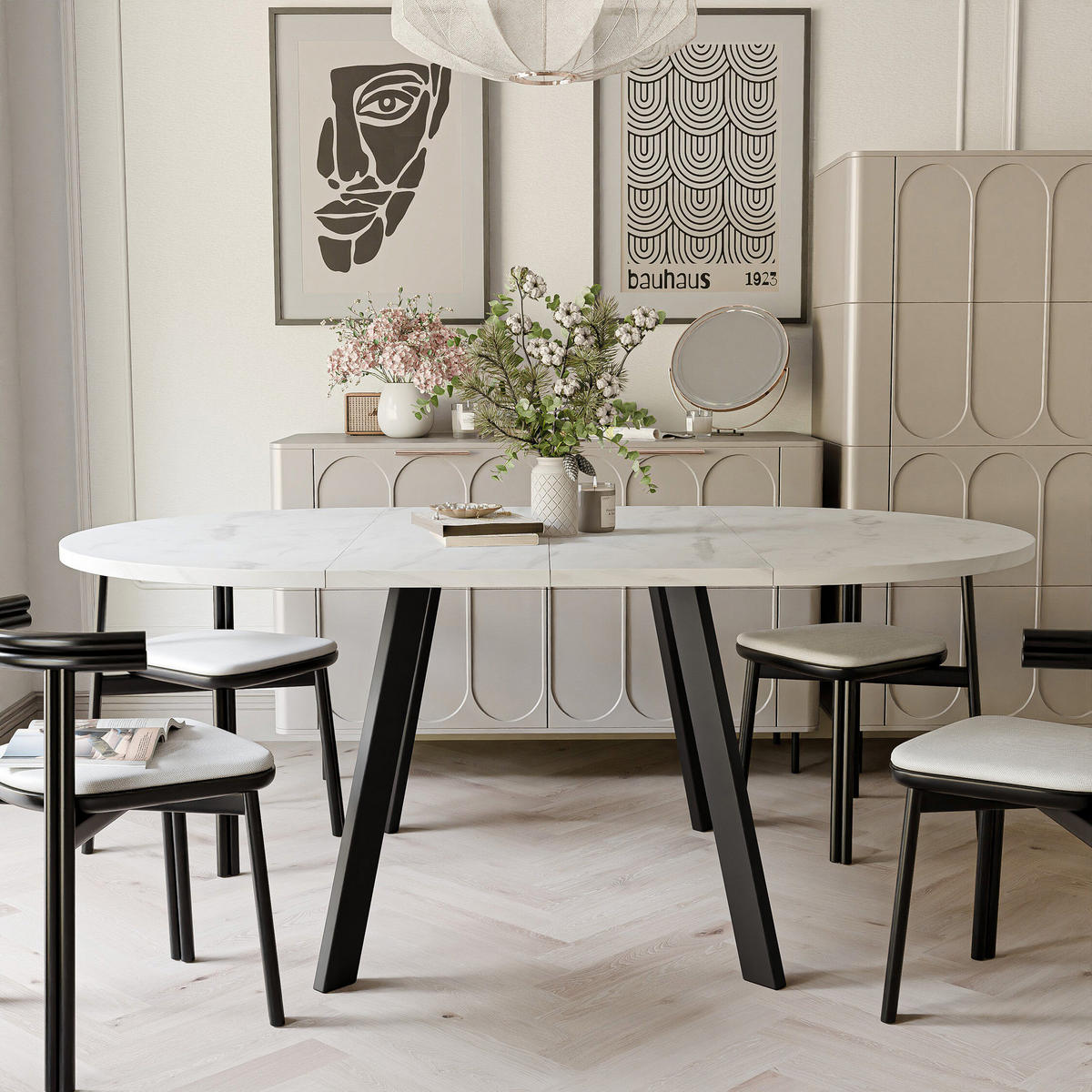 TISCH Schwarze Beine, MDF Tischplatte, Marmor Bianco - Schwarz/Weiß, Holzwerkstoff (100/100/76cm) - Idohome