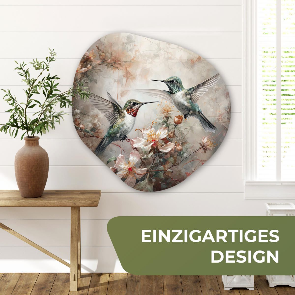 WANDBILD Kolibri - Vögel - Blumen - Pflanzen 90x90 cm - Hellgrün, Kunststoff (90/90cm) - MuchoWow