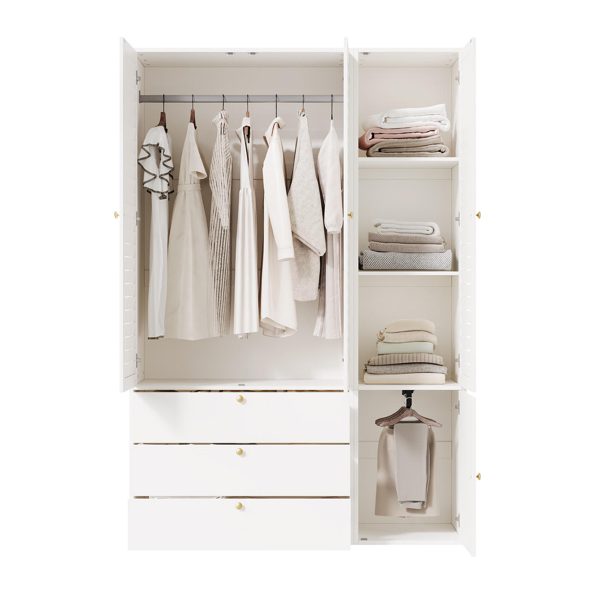 KLEIDERSCHRANK Weiß 3 Lamellentüren 3 Schubladen 2 Kleiderstangen Hosenhalter - Weiß, Holzwerkstoff (135/200/50cm) - Urban Meuble