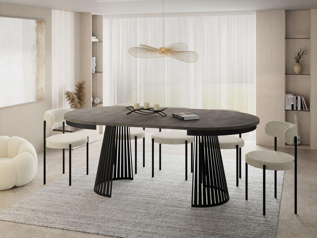 ESSTISCH Naro rund ausziehbar mit Schwarzem Lamellen-Metallgestell, Beton-Optik Dunkelgrau 120-200/120/76 cm - Dunkelgrau/Schwarz, Holzwerkstoff/Metall (120/120/76cm) - WFL GROUP